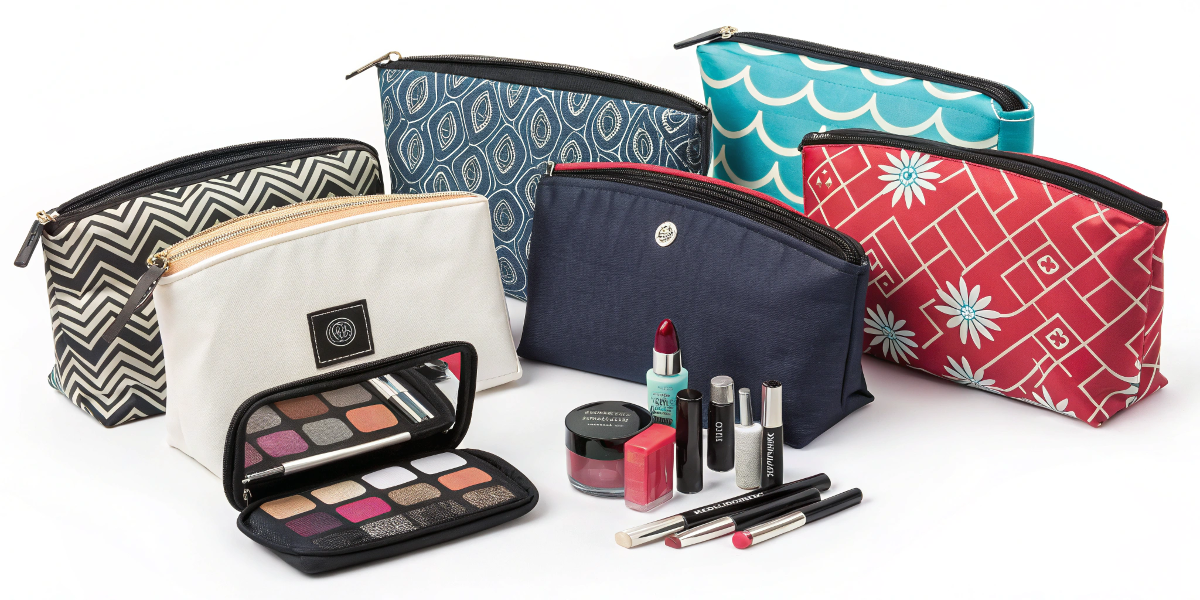 An assortment of seven different stylish private label makeup bags