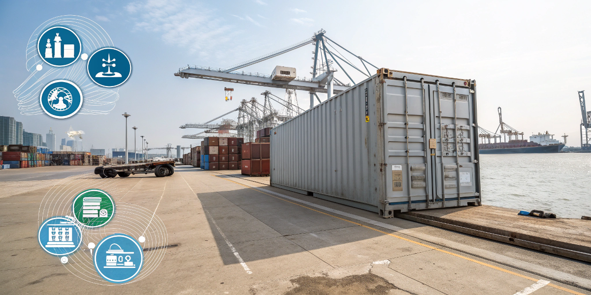 A shipping container at a port with icons for freight, duties, and customs