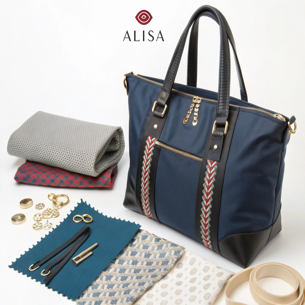 A "mood board" style image showing Alisa's final bag along with a fabric swatch, a hardware piece, and a logo detail shot.