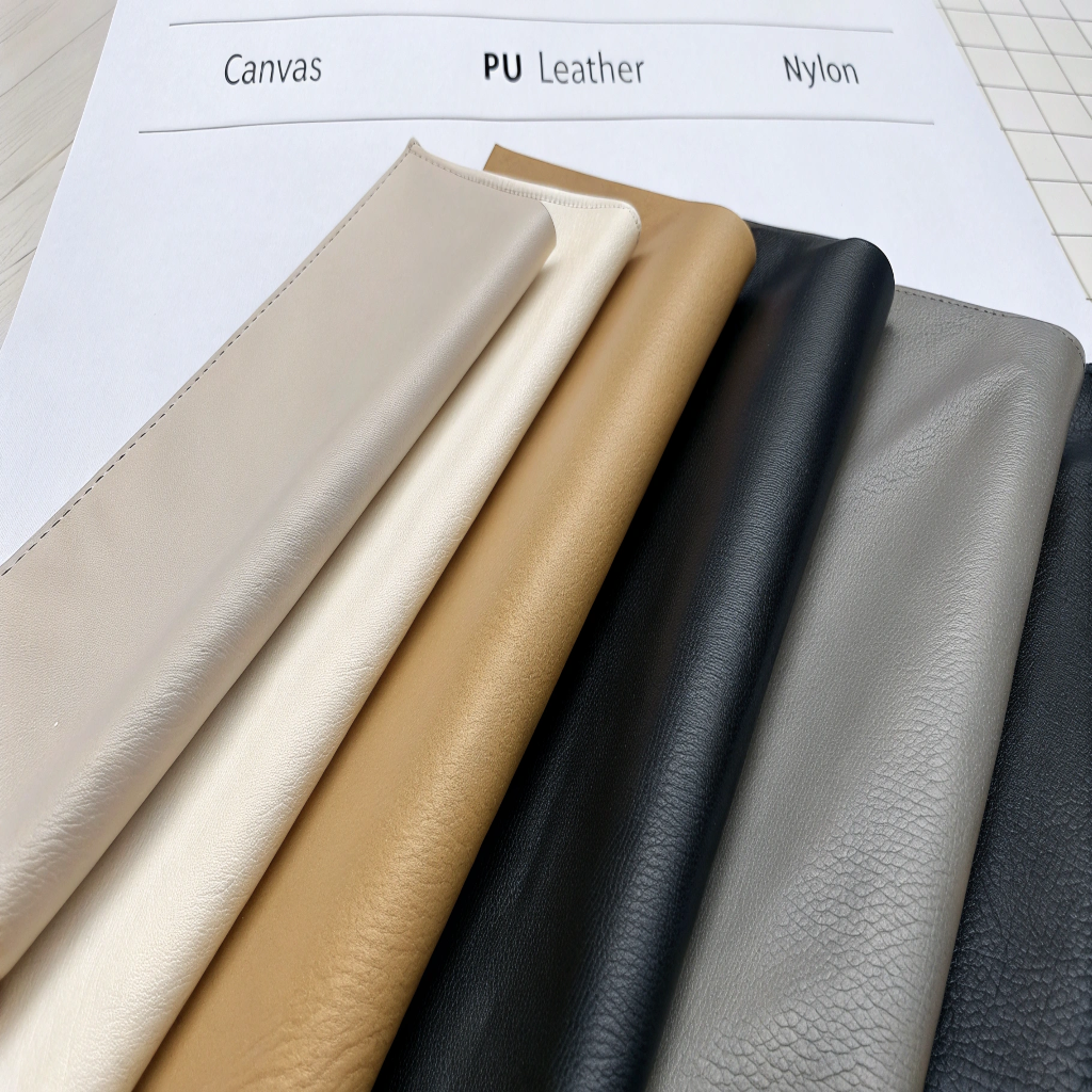 Choosing Makeup Bag Materials A mood board showing different bag material swatches like canvas, PU leather, and nylon