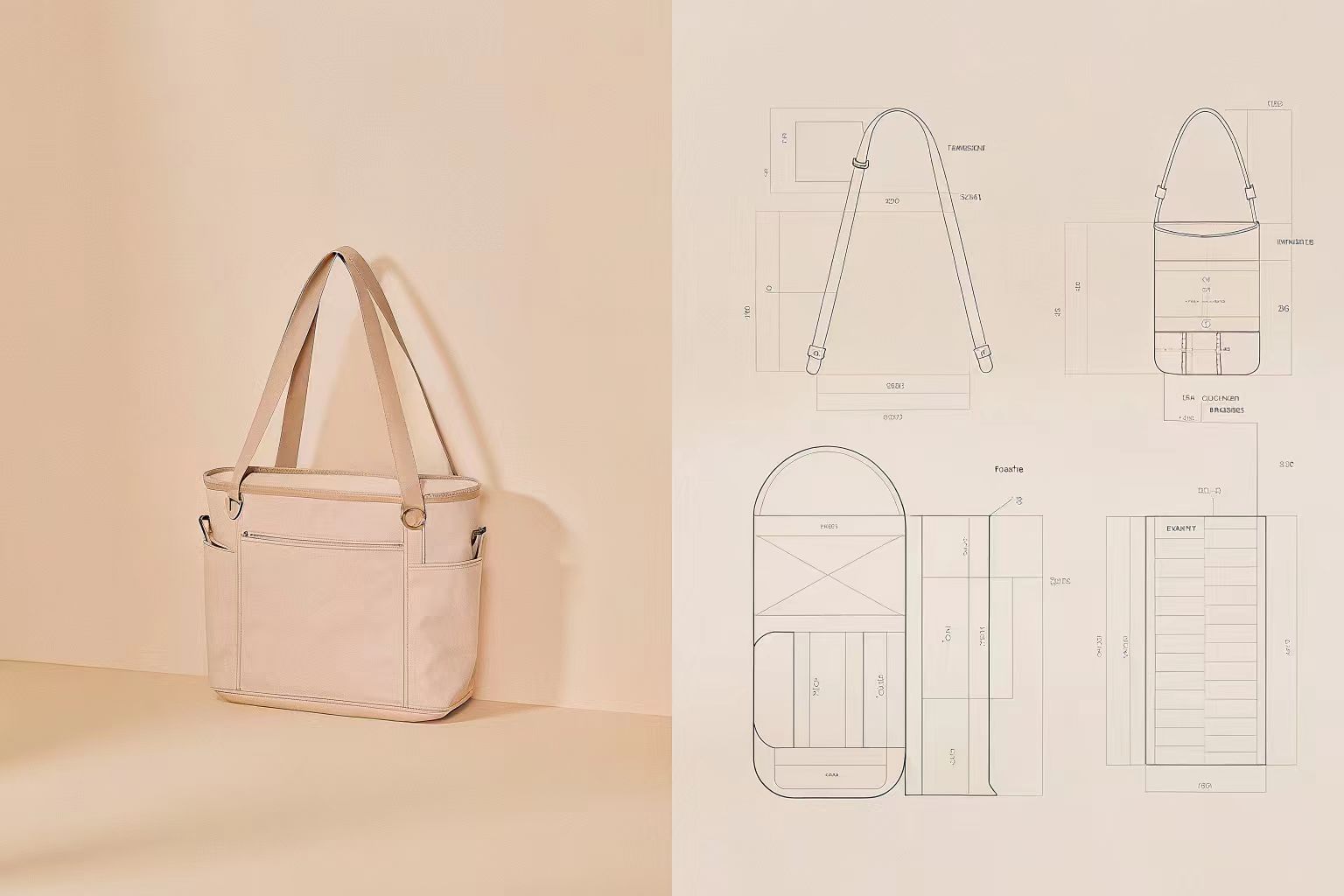 From Tech Pack to Prototype A page from a tech pack with detailed drawings and specifications next to the first physical prototype of the bag