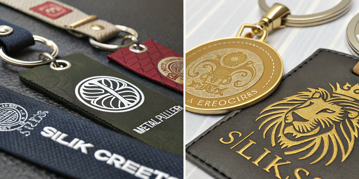 Close-up shots of different logo applications: embossing, metal puller, and silk screen printing
