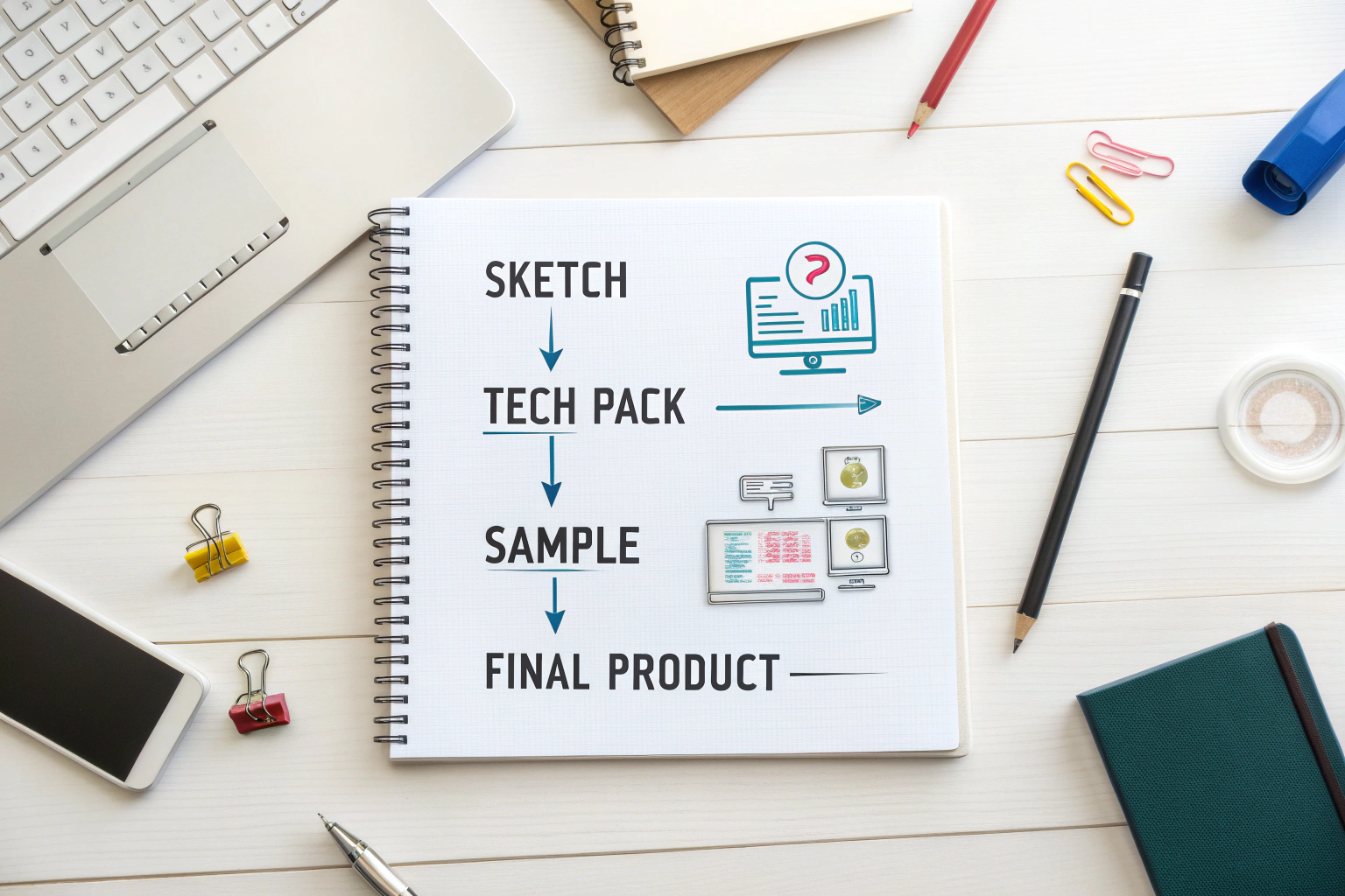 A workflow diagram showing the process from sketch to tech pack to sample to final product.