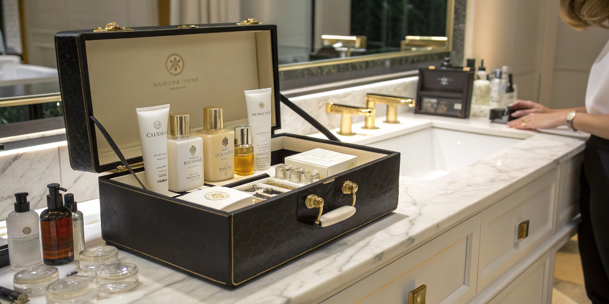 Fancy Names for a Toiletry Bag a luxurious 'nécessaire' on a marble vanity with high-end toiletries