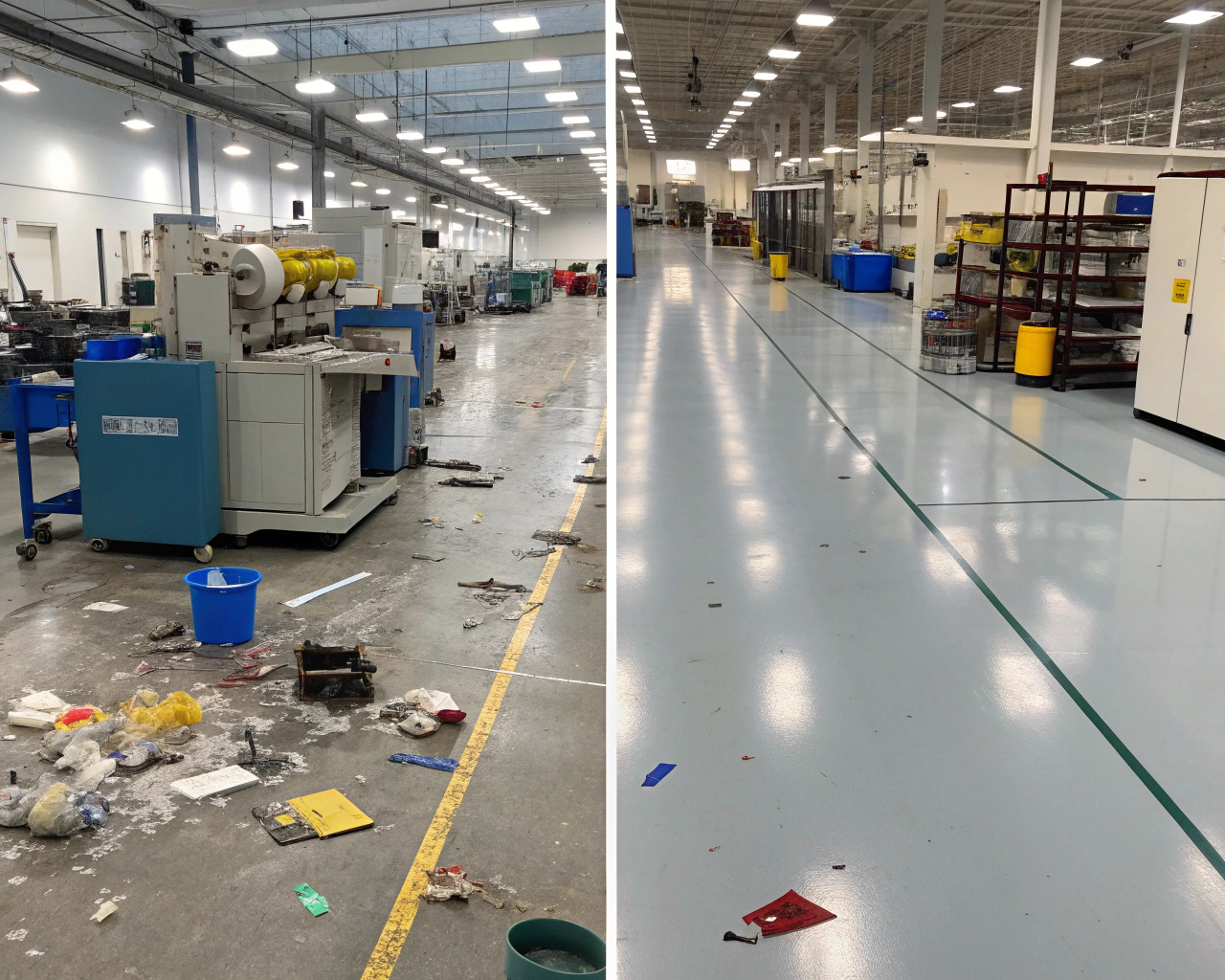 A photo of a clean, organized factory floor contrasted with a chaotic, messy one.