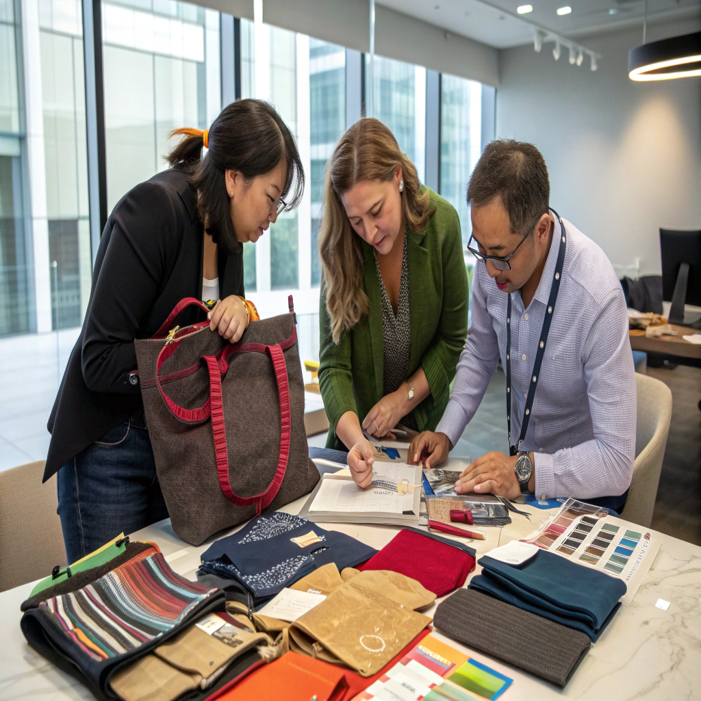Partner with RIVTA to Build Your Bag The Rivta team collaborating around a table with bag samples and swatches
