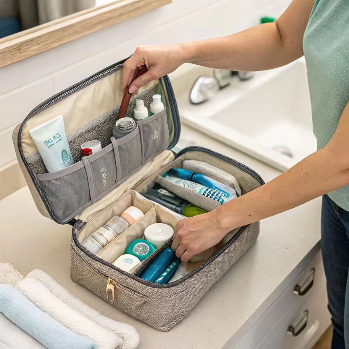 Toiletry Bag Requirements a person organizing toiletries into a multi-compartment bag