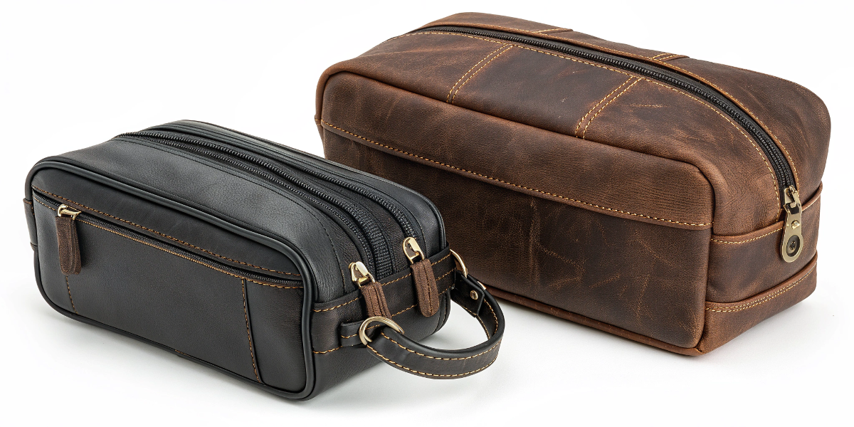 Dopp Kit vs Toiletry Bag a classic leather dopp kit next to a modern multi-pocket toiletry bag