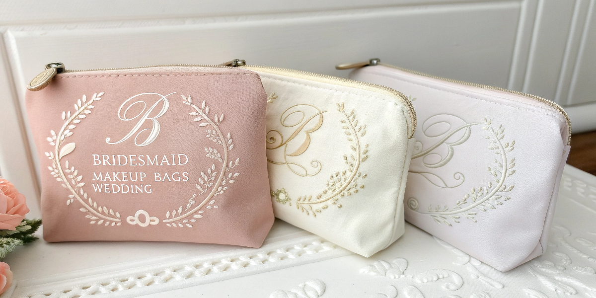 Personalized Bridesmaid Makeup Bag Gifts Elegant bridesmaid makeup bags in wedding theme colors with embroidered initials