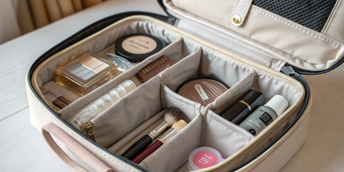 The inside of a makeup bag showing neat interior pockets, waterproof lining, and elastic loops