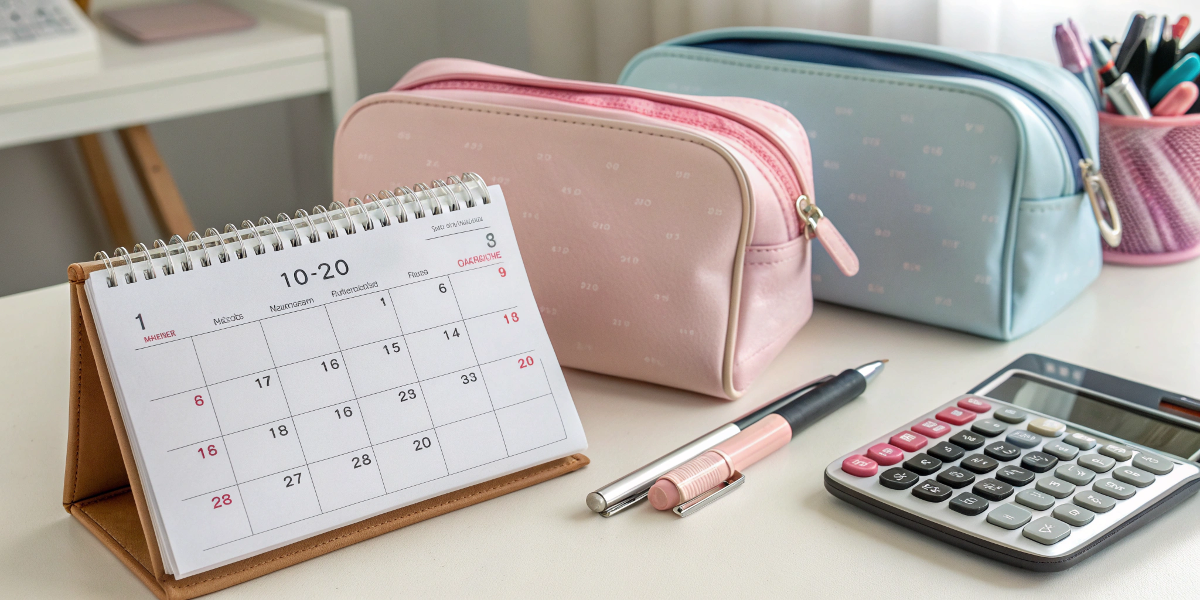 A calendar and a calculator next to fabric swatches for makeup bags