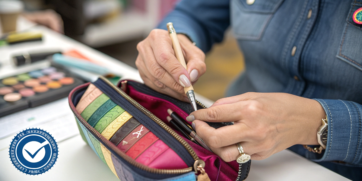 A quality inspector's hands checking the stitching on a makeup bag, with certification logos watermarked