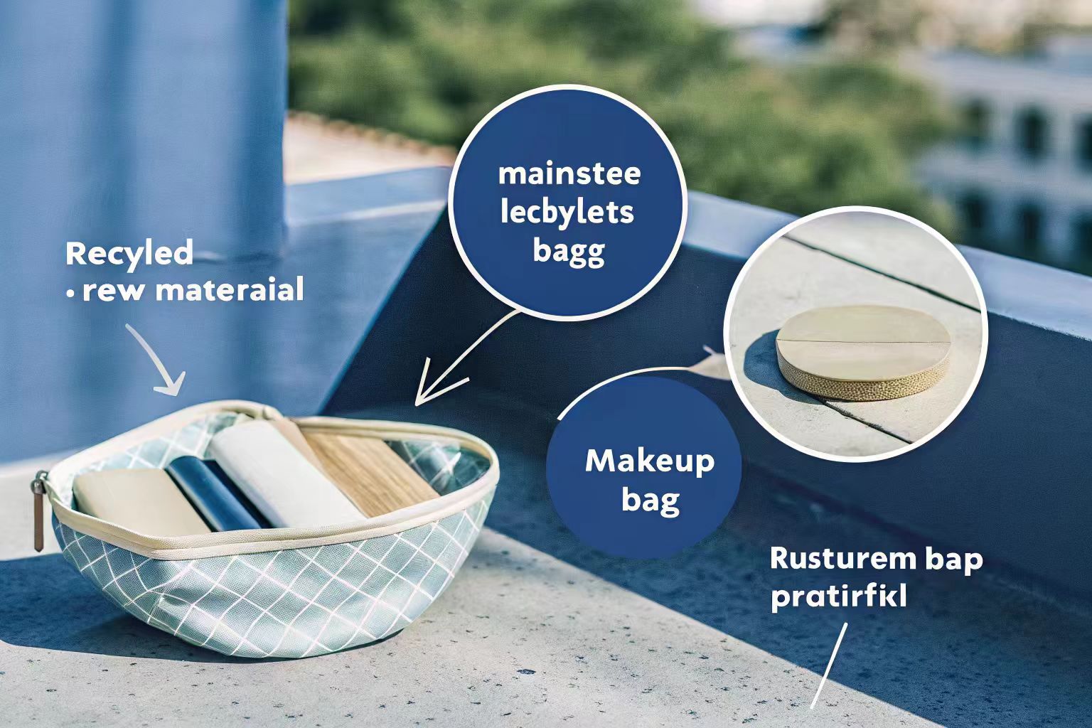 An illustration of the circular economy applied to a makeup bag's lifecycle