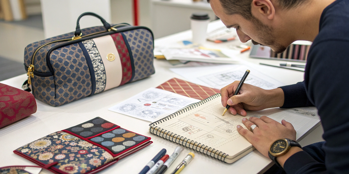 A designer sketching a custom makeup bag next to fabric swatches and a branded zipper puller
