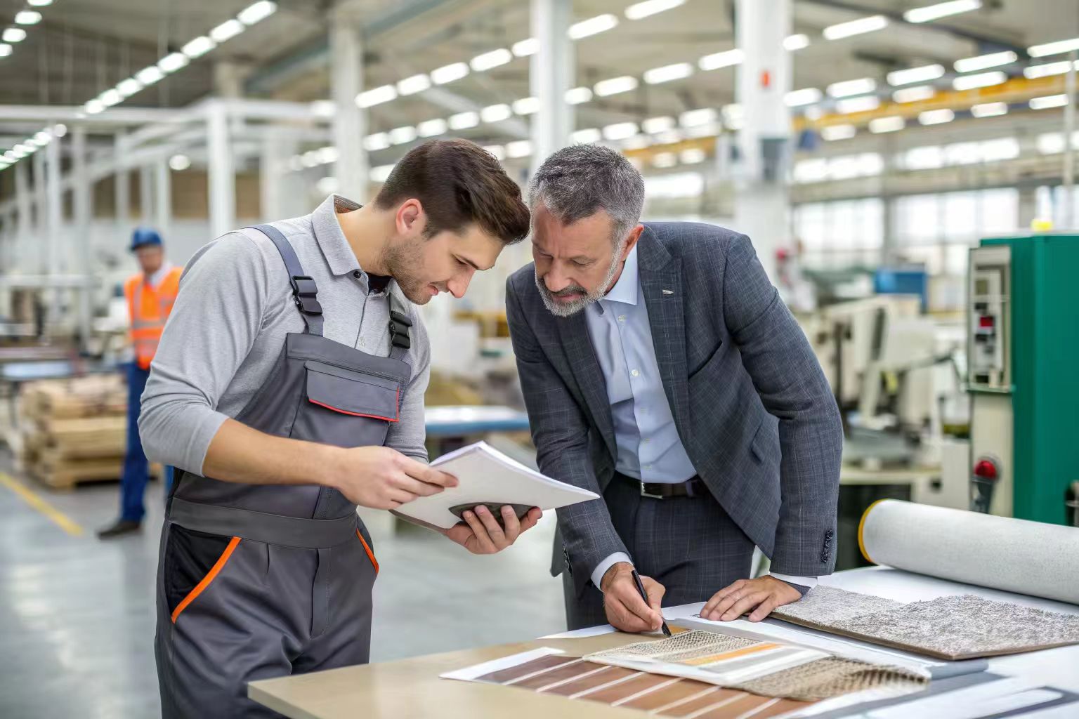 A photo of a brand owner and a factory manager collaborating over product samples.