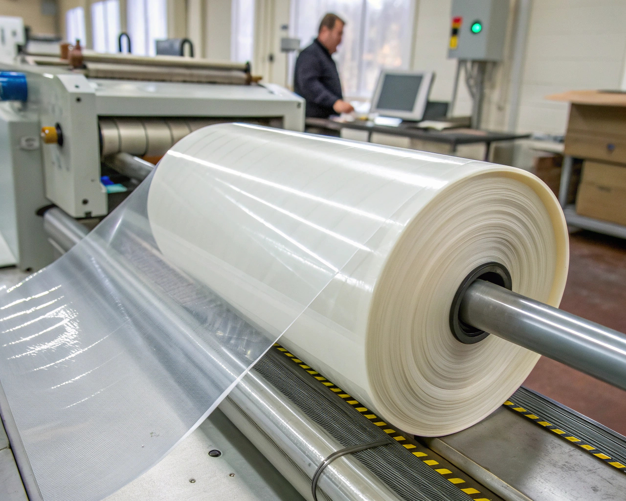 A roll of clear TPU material being inspected before being fed into a cutting machine.