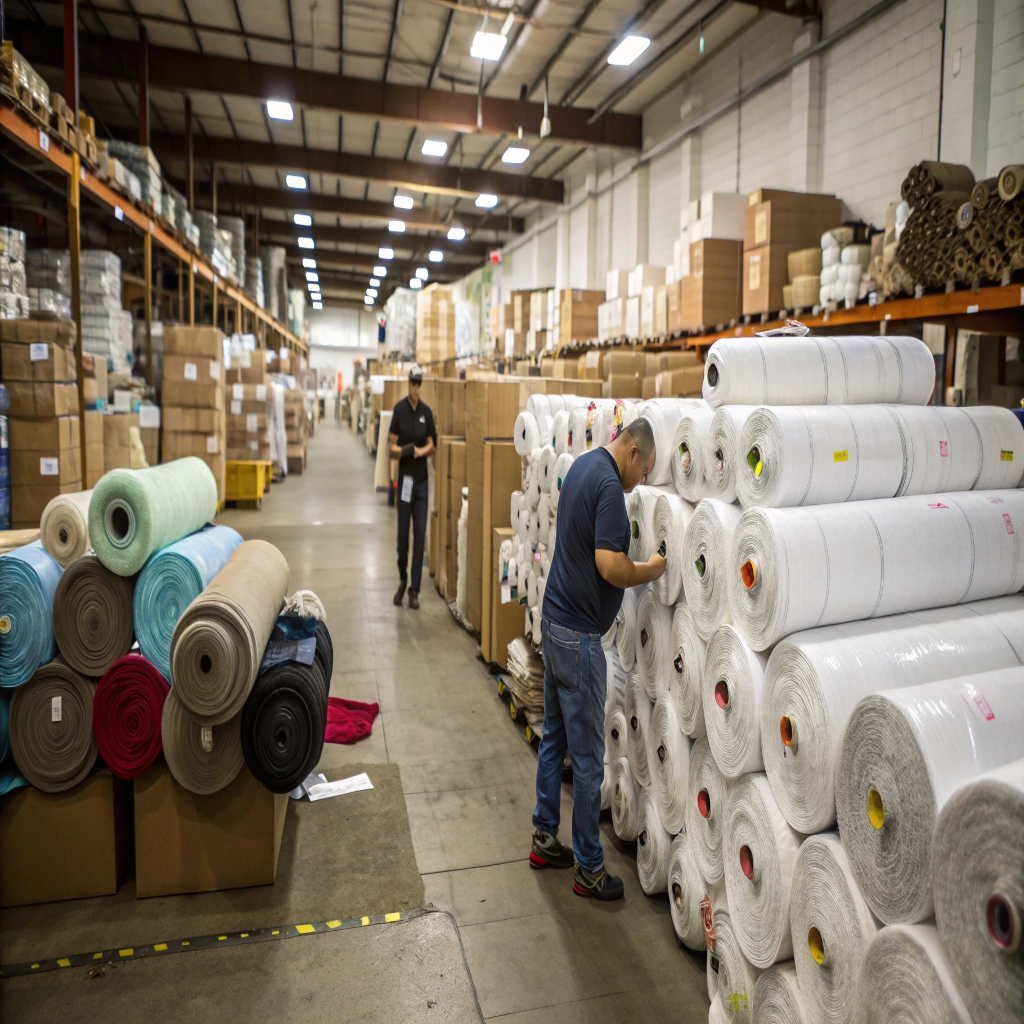Understanding Minimum Order Quantity (MOQ) A warehouse with rolls of fabric and boxes, illustrating bulk production