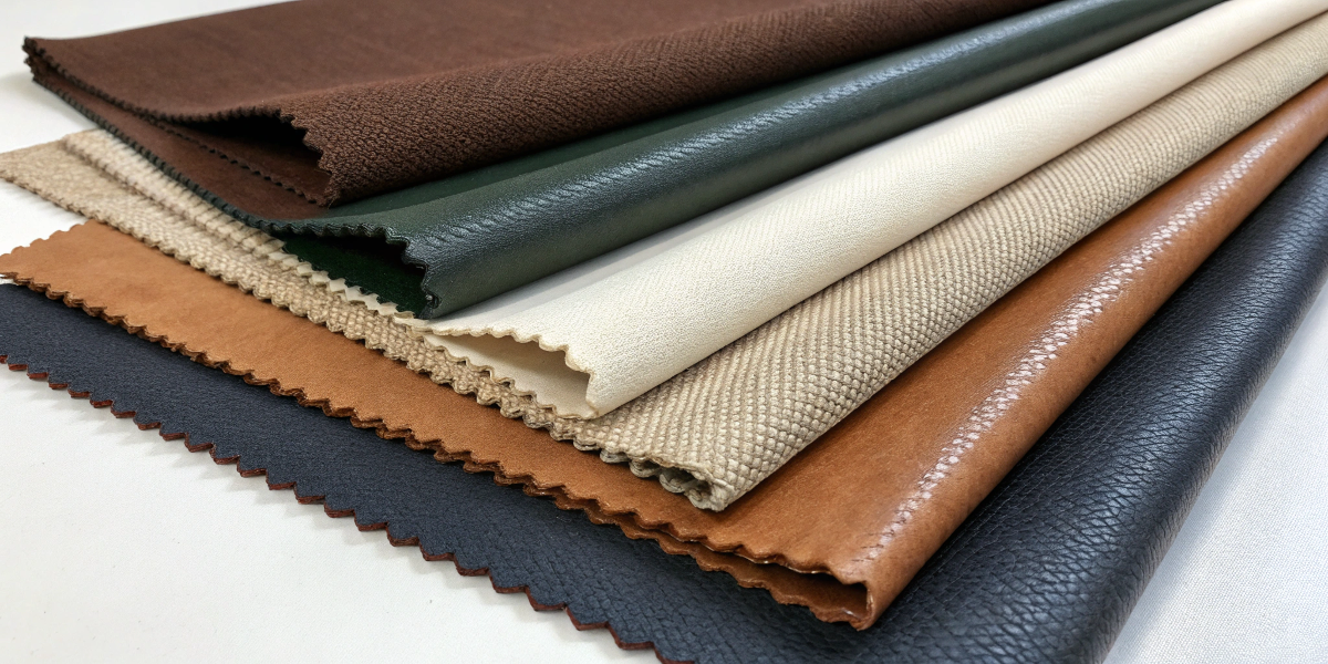 Fabric swatches of RPET, vegan leather, and cotton canvas for cosmetic bags