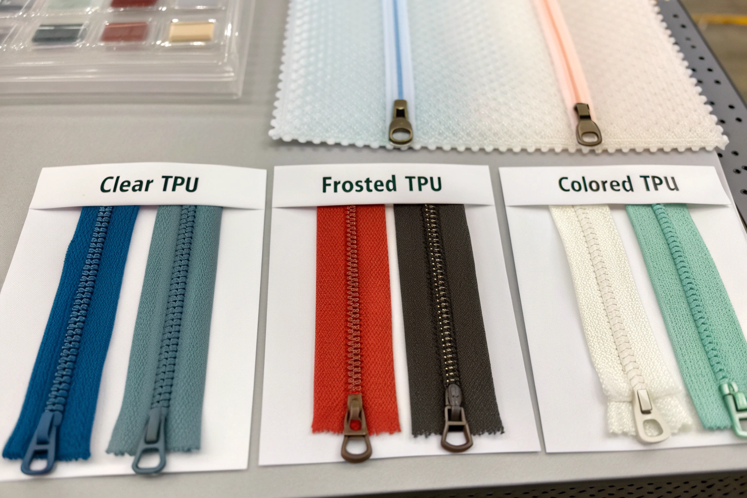 A swatch board showing different materials (clear TPU, frosted TPU, colored TPU) and hardware (zippers, pullers).