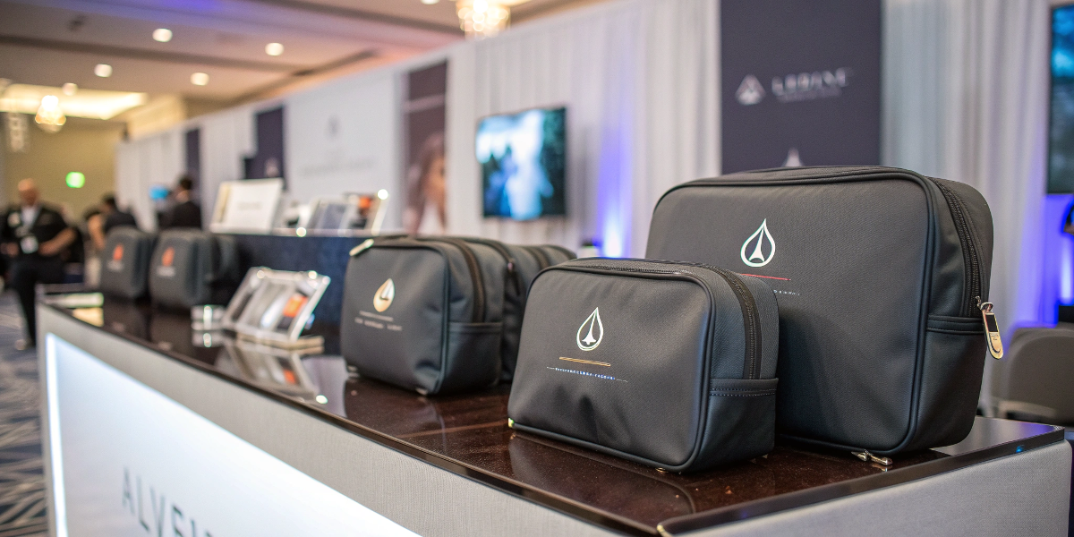 Custom Makeup Bags for Corporate Gifting Sleek corporate makeup bags with a subtle company logo at an event booth