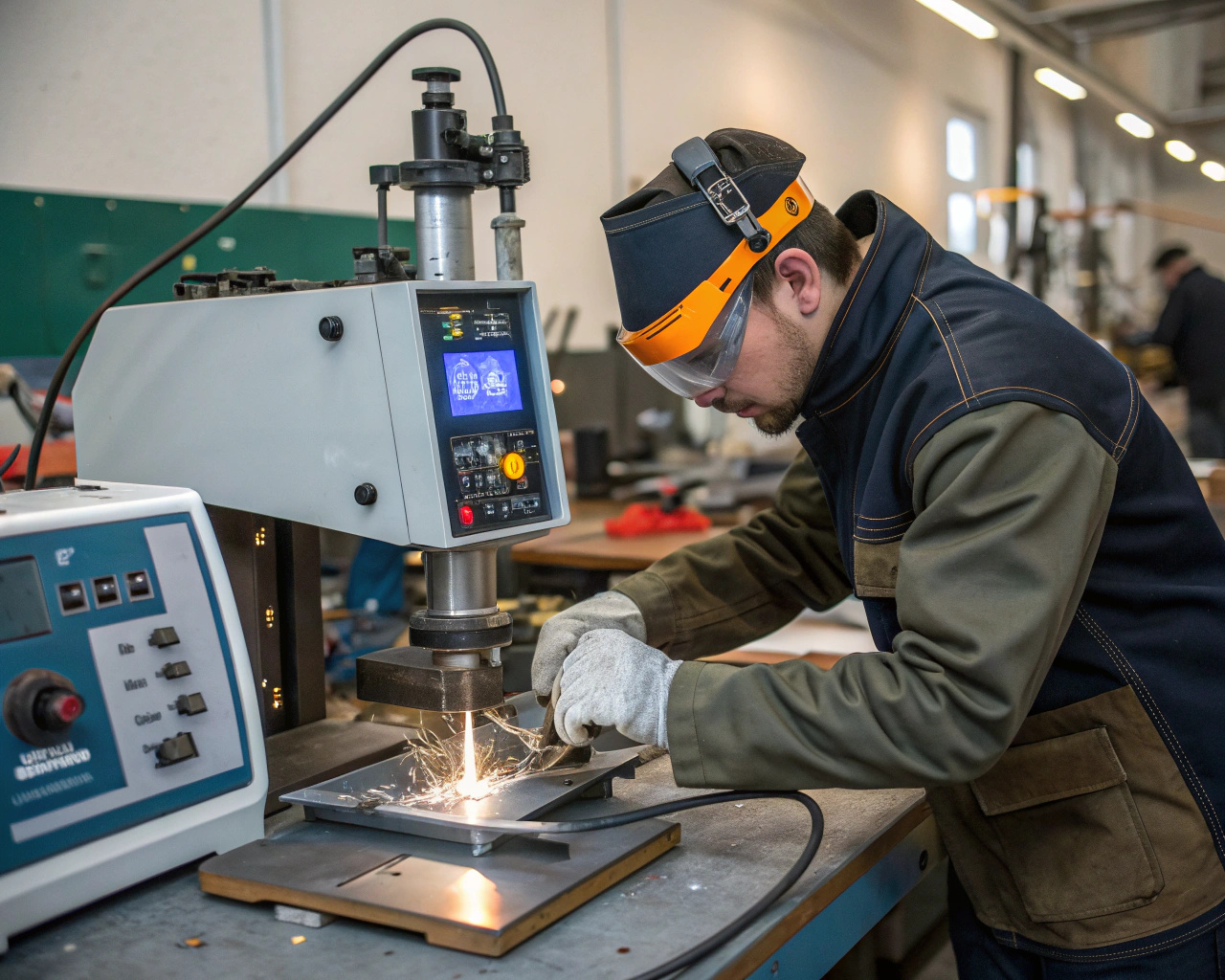 A skilled worker operating a high-frequency welding machine to seal TPU seams.