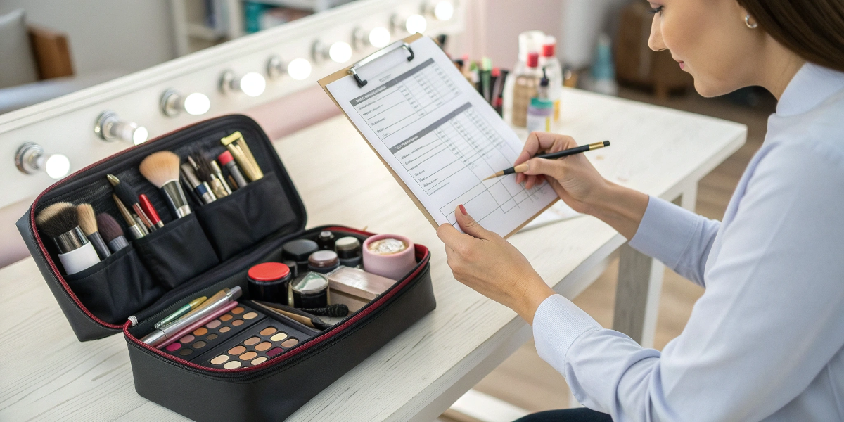 A quality control inspector examining a cosmetic bag with a checklist