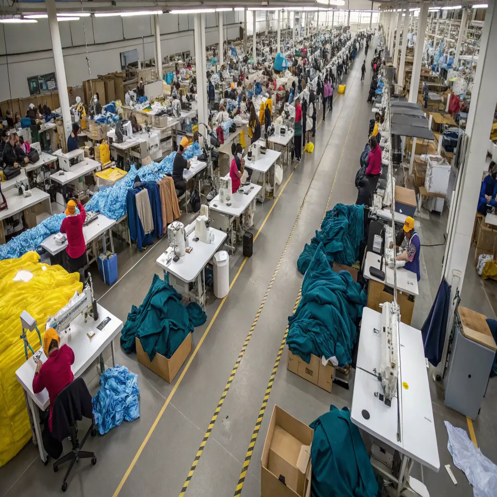 Assessing Production Capacity of a Bag Factory An aerial view of a large, busy sewing floor in a bag factory with dozens of workers at their stations.