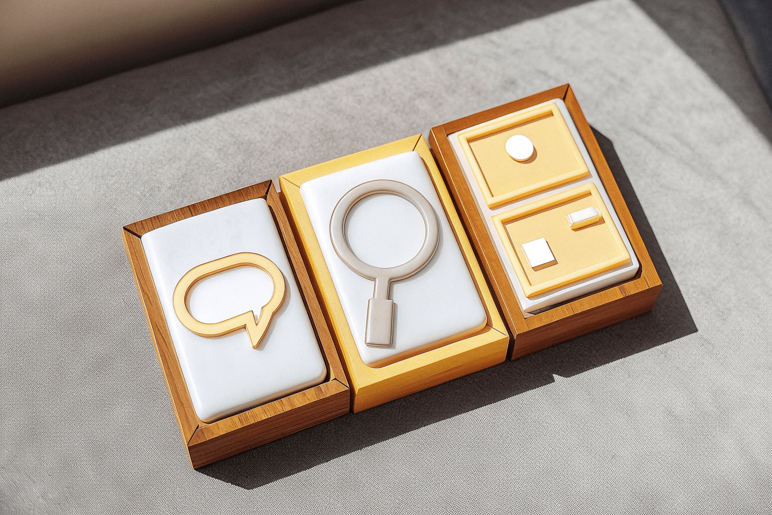 Comparing MOQs, Quality, and Communication An image showing three icons: a small stack of boxes for MOQ, a magnifying glass for quality control, and chat bubbles for communication