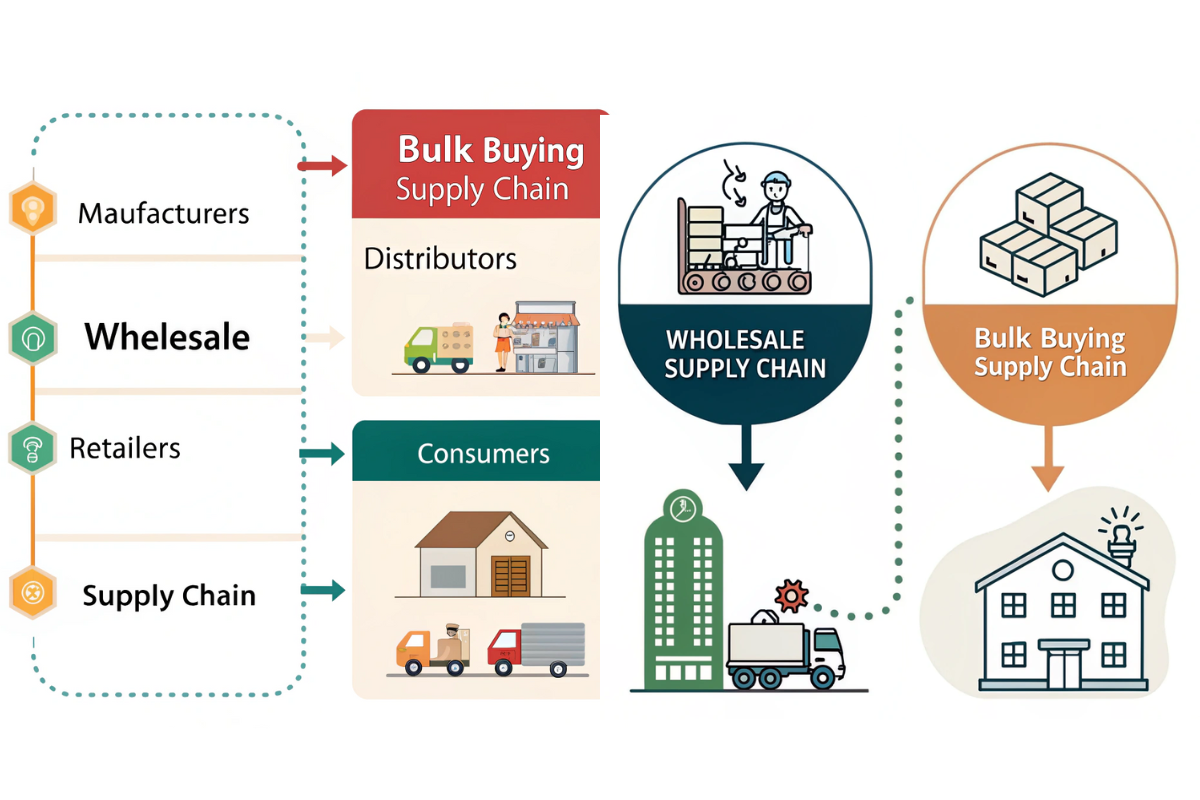 Diagram explaining the difference between wholesale and bulk buying supply chains.