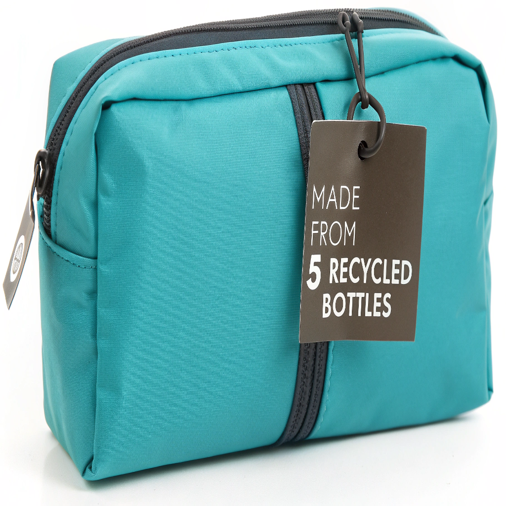 A stylish makeup bag made from RPET fabric, with a hangtag that says 'Made from 5 Recycled Bottles'.