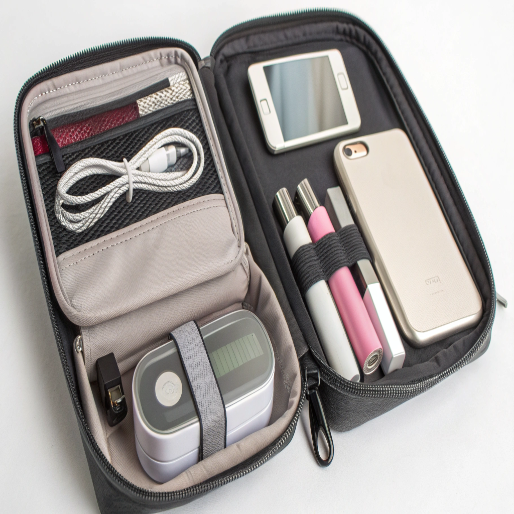A sleek, organized makeup bag with dedicated compartments for a power bank, charging cable, and a slim LED mirror.