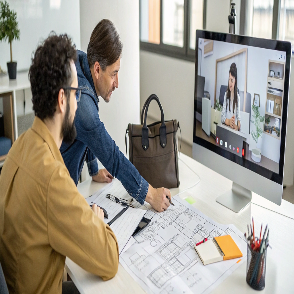 Effective Communication with OEM Partner A product designer having a clear video conference call with an OEM factory manager, pointing to details on a bag schematic.
