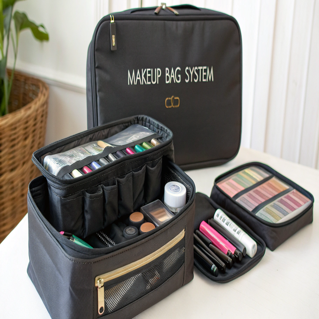 A makeup bag system showing a larger bag with smaller, removable pouches inside for organization.