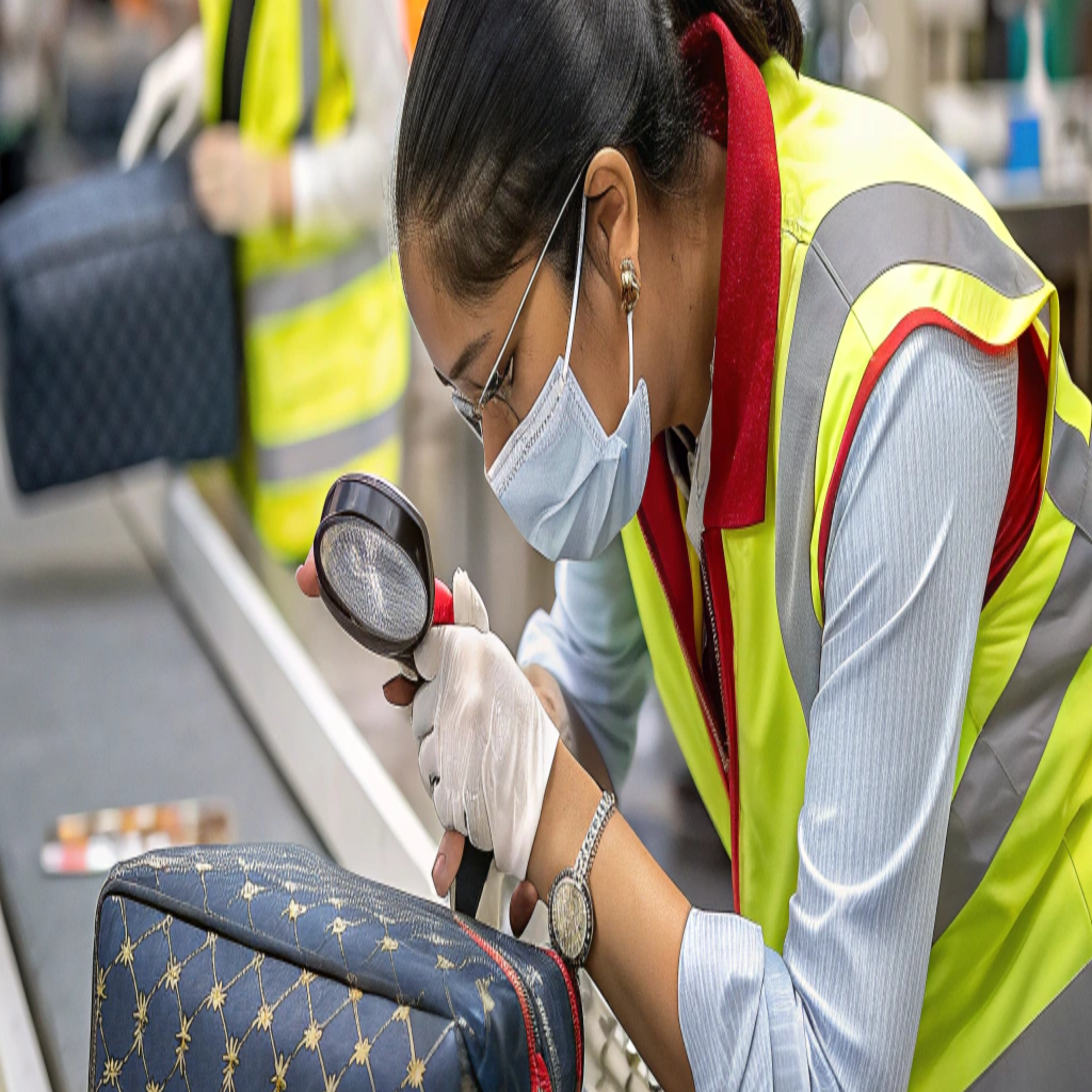 A quality control inspector carefully examining the stitching on a cosmetic bag on the production line.