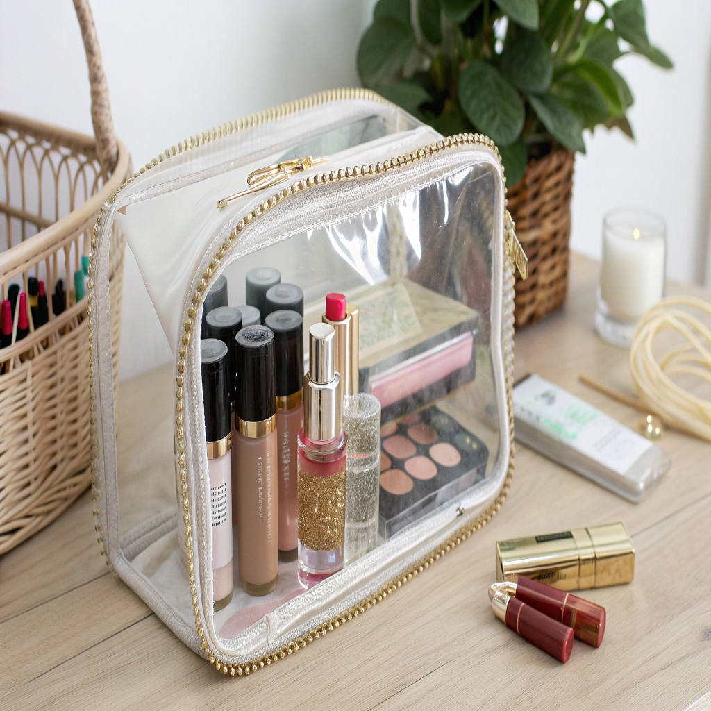 A chic clear TPU makeup bag with elegant trim, showing the contents neatly organized inside.