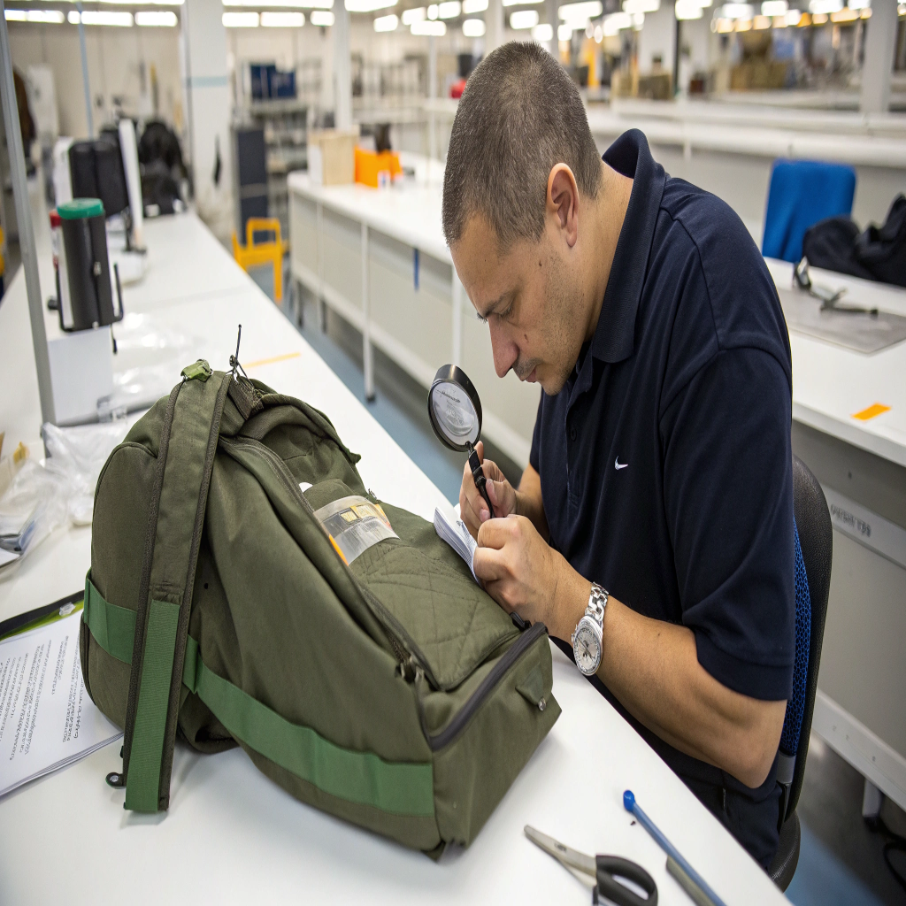 Quality Control Inspection for Custom Bags A quality control inspector meticulously checks the stitching on a custom backpack with a magnifying glass.