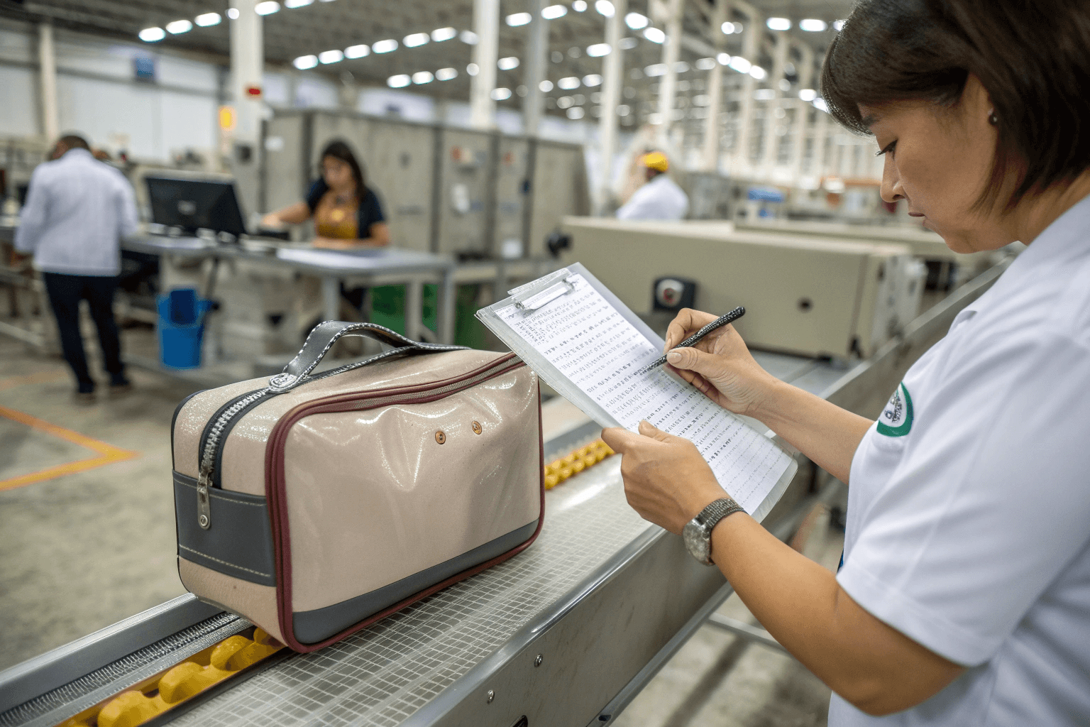 Vetting a Cosmetic Bag Manufacturer A person inspecting a PVC cosmetic bag in a factory setting, with a checklist in hand