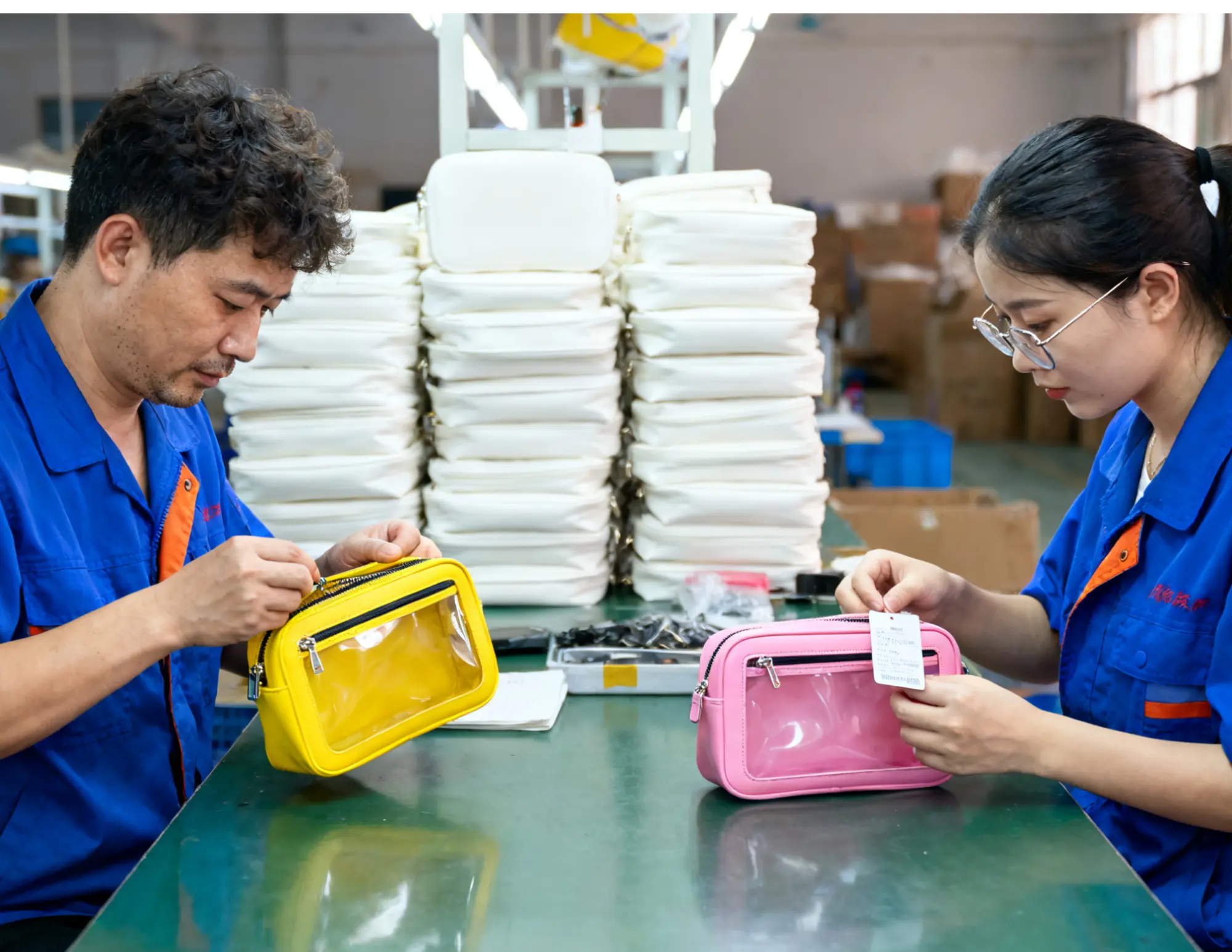 a factory worker inspecting a nylon bag on a production line