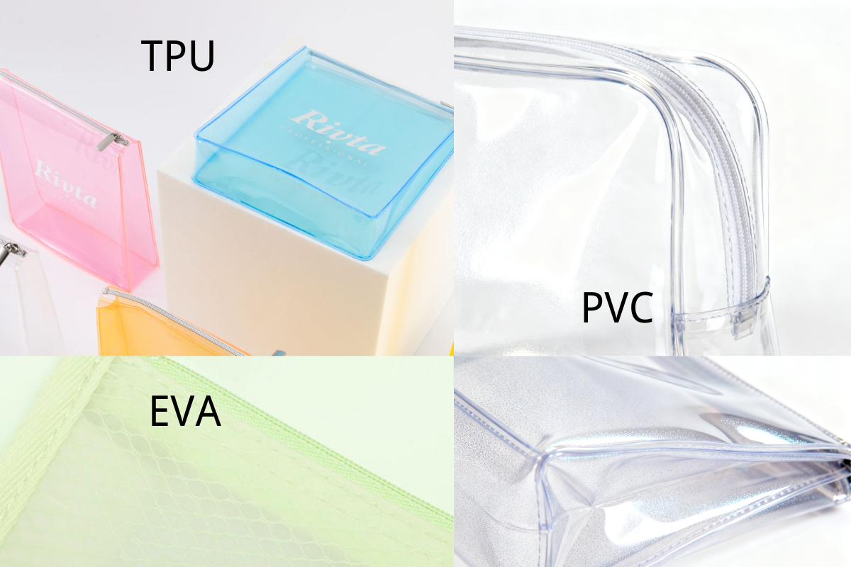 Close-up comparison of clear PVC, TPU, and EVA materials for cosmetic bags.