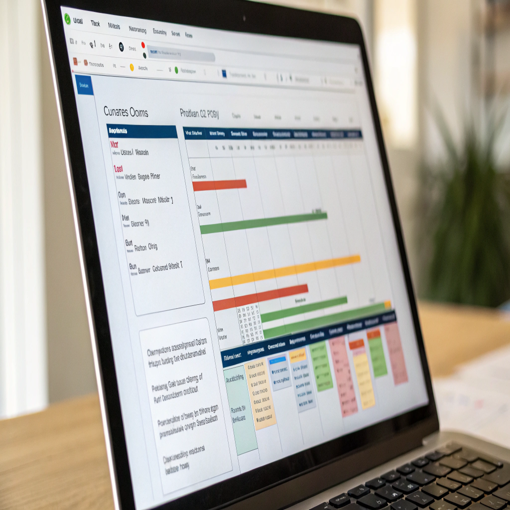 Transparent Production Lead Time Schedule A detailed Gantt chart on a computer screen showing the various stages and timeline for a custom bag production order.