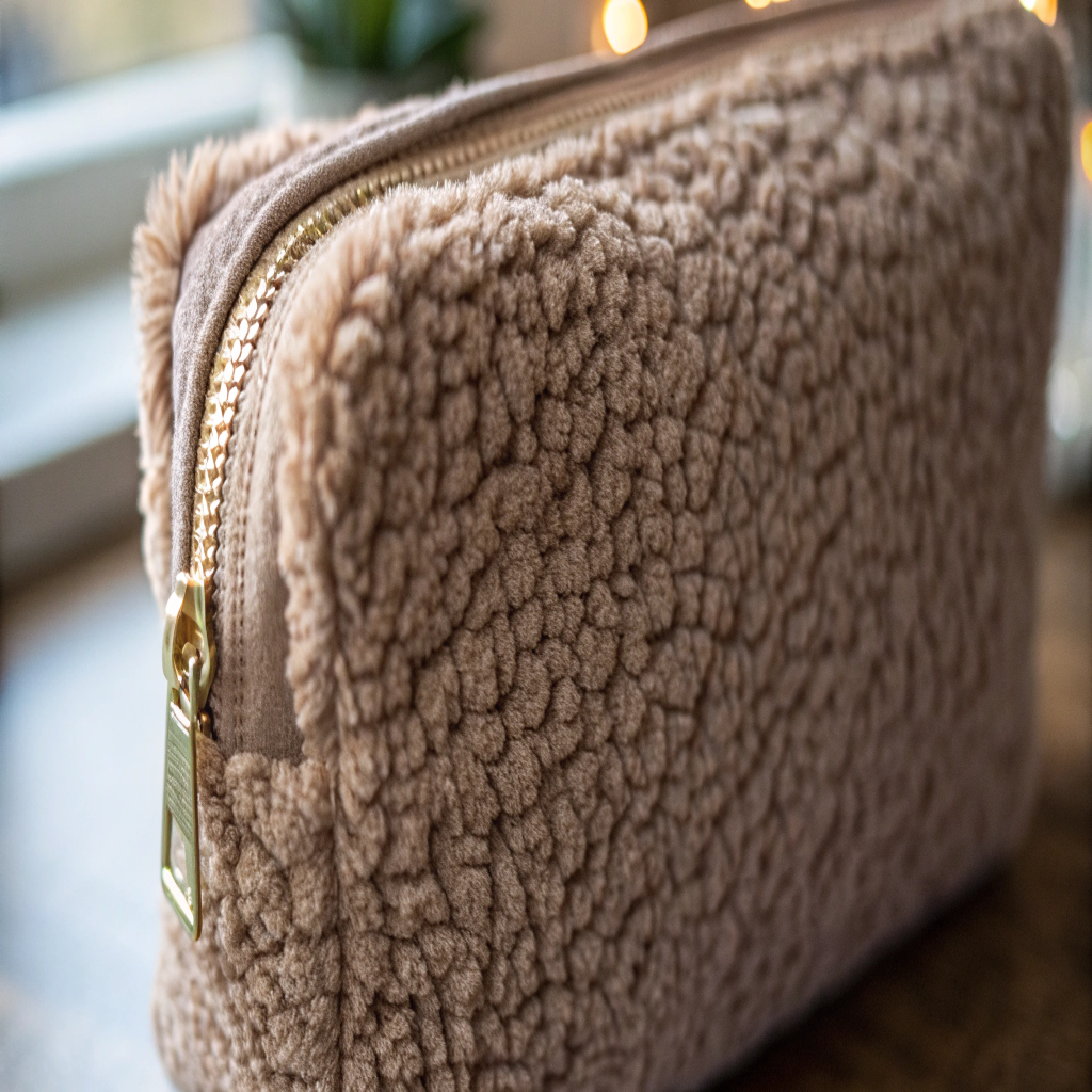 A close-up shot showcasing the rich texture of a bouclé or sherpa makeup bag.