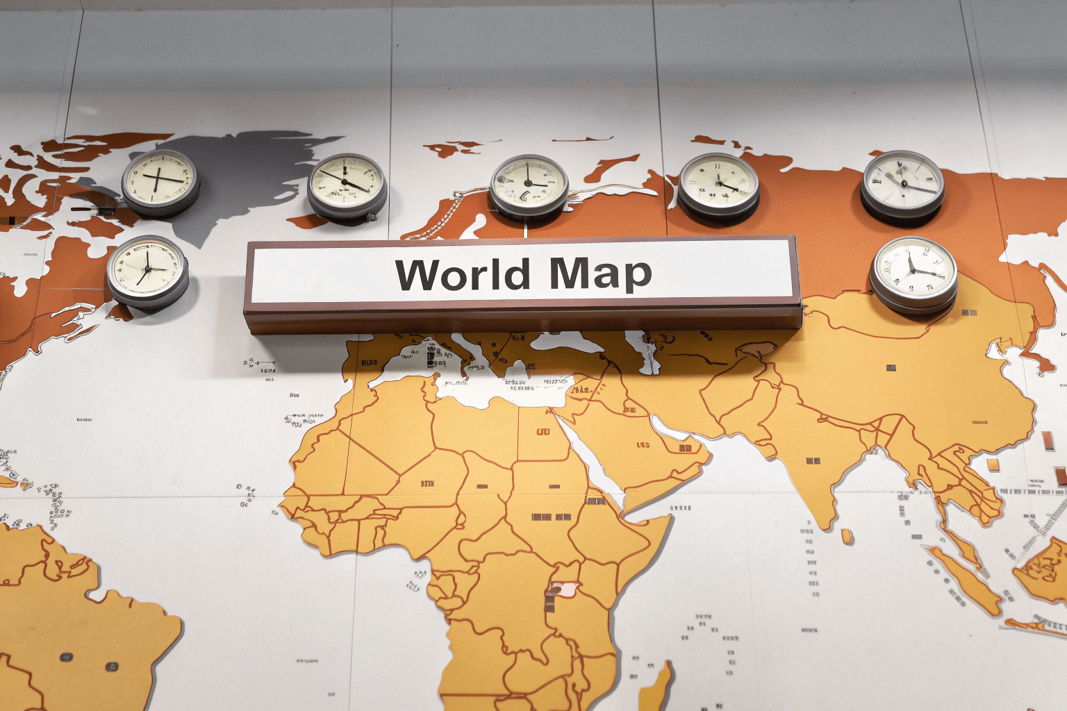 The Logistics of Global Sourcing A world map showing shipping lanes, cargo ships, and clocks in different time zones, illustrating global logistics