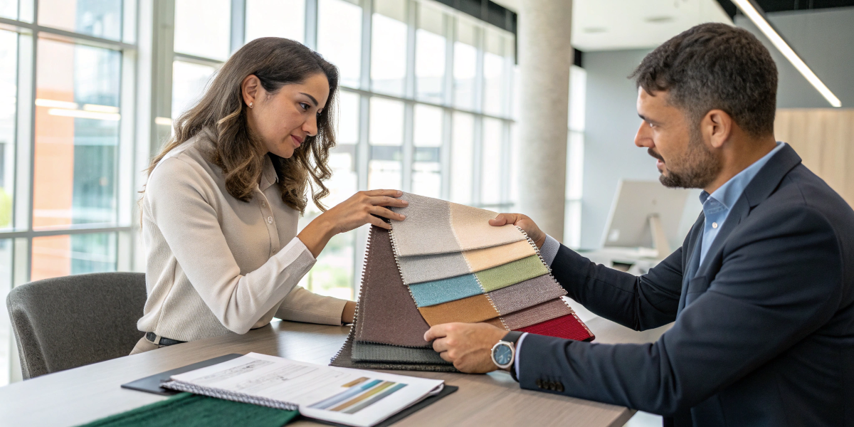 A materials expert showing a brand manager fabric swatches of rPET canvas, organic cotton, and recycled twill.