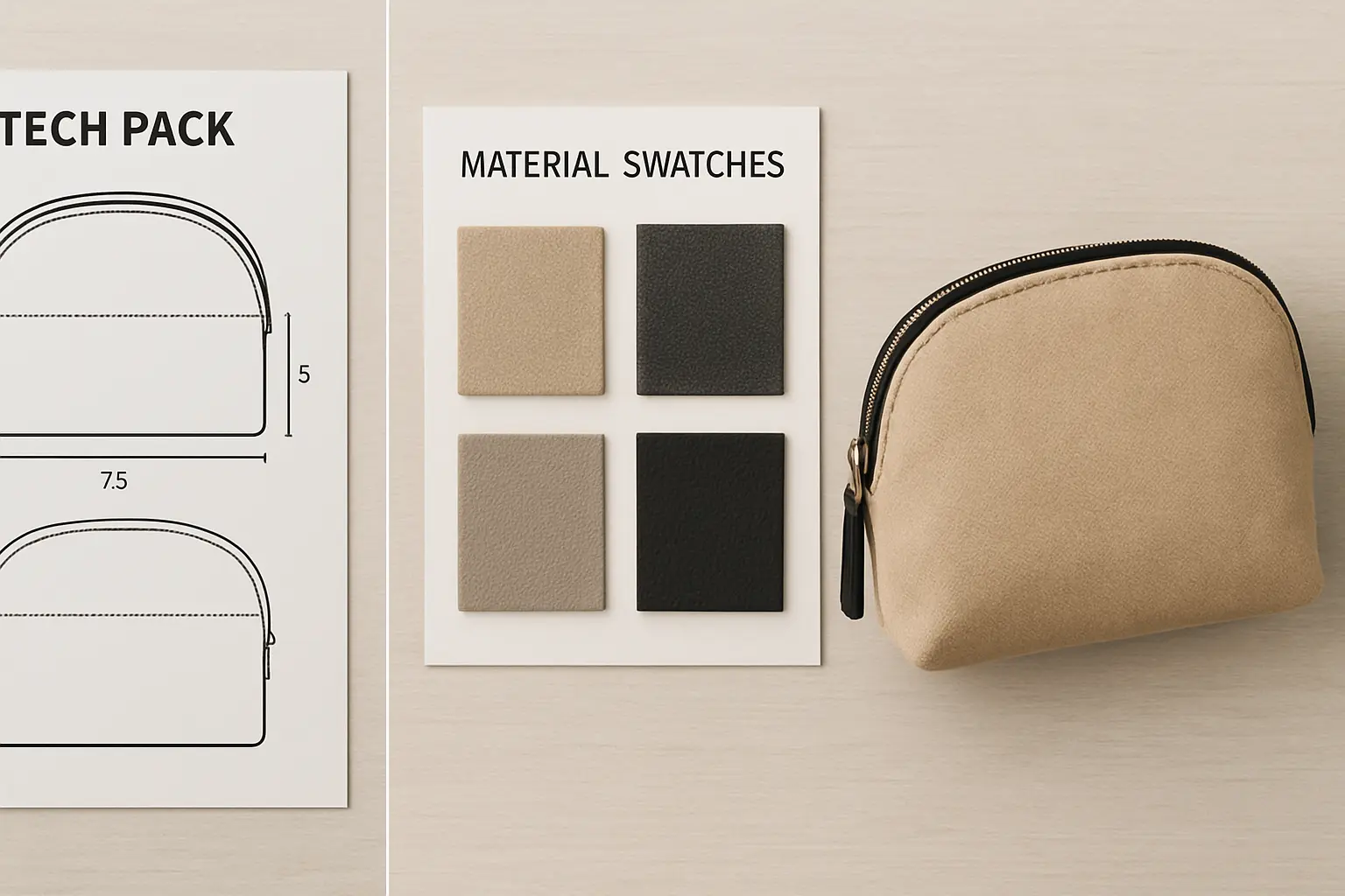 Cosmetic bag sampling process from tech pack to final sample
