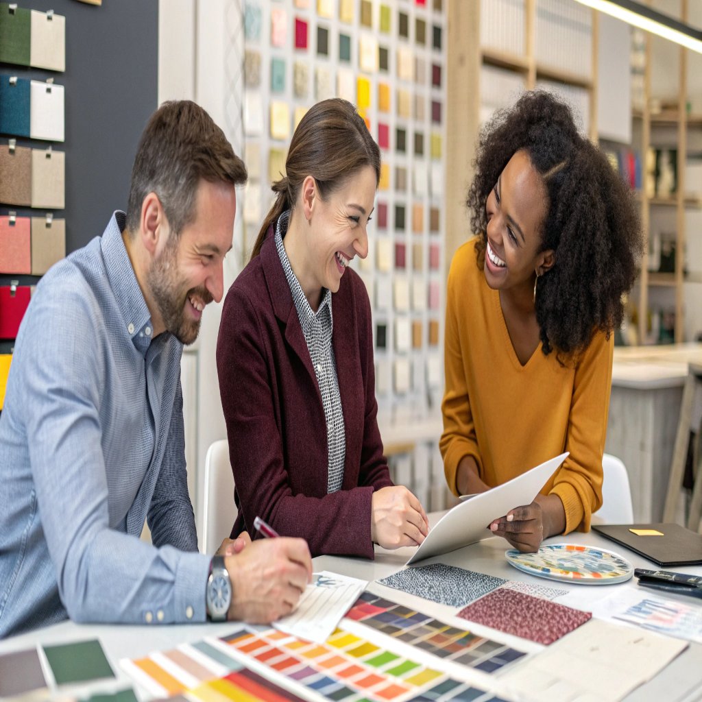 A friendly photo of the Rivta team collaborating on a new design, surrounded by material swatches and product samples.