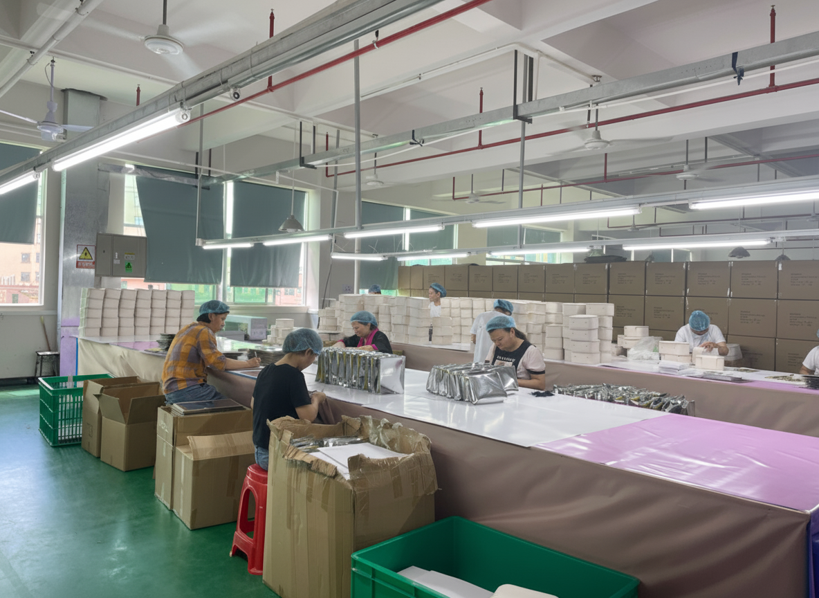 An image depicting a small batch of cosmetic bags on one side and a large, automated production line on the other, showing scalability.